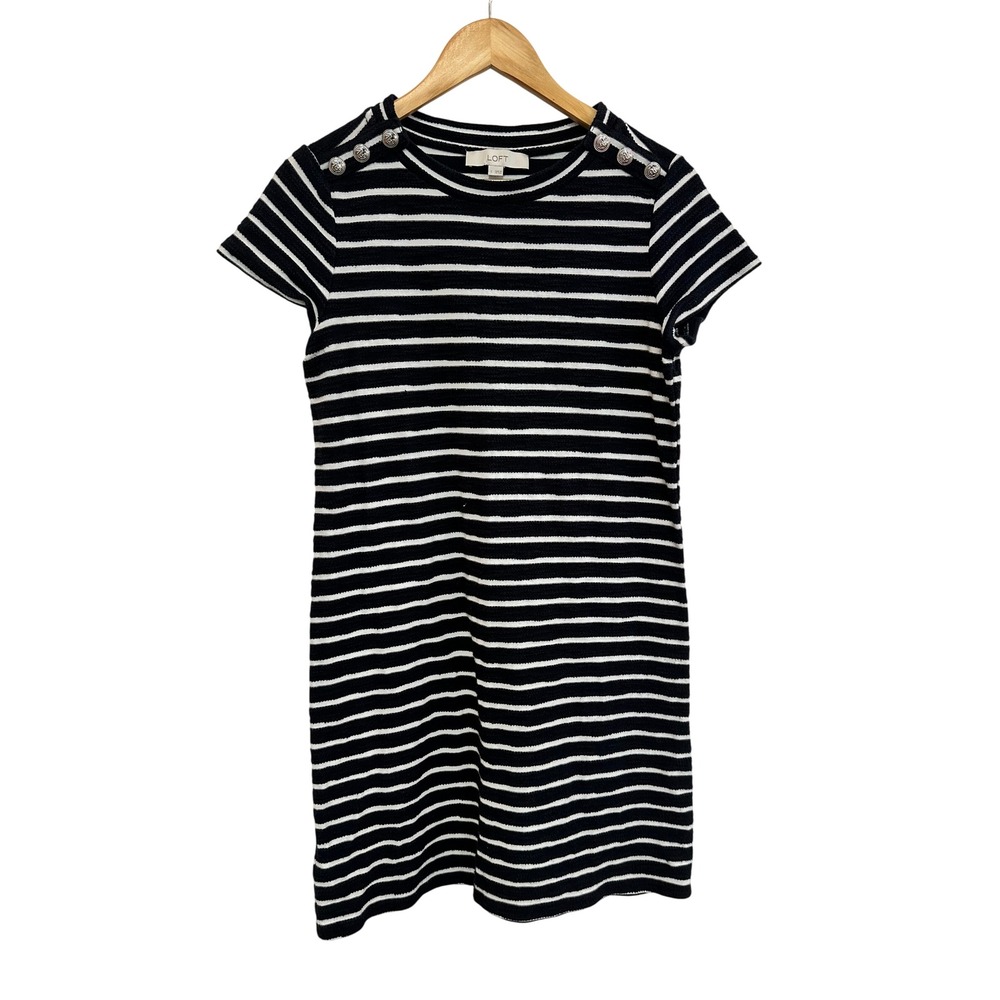 Loft Sailor Tee Dress Navy White Striped Button Shoulder Small Nautical Casual